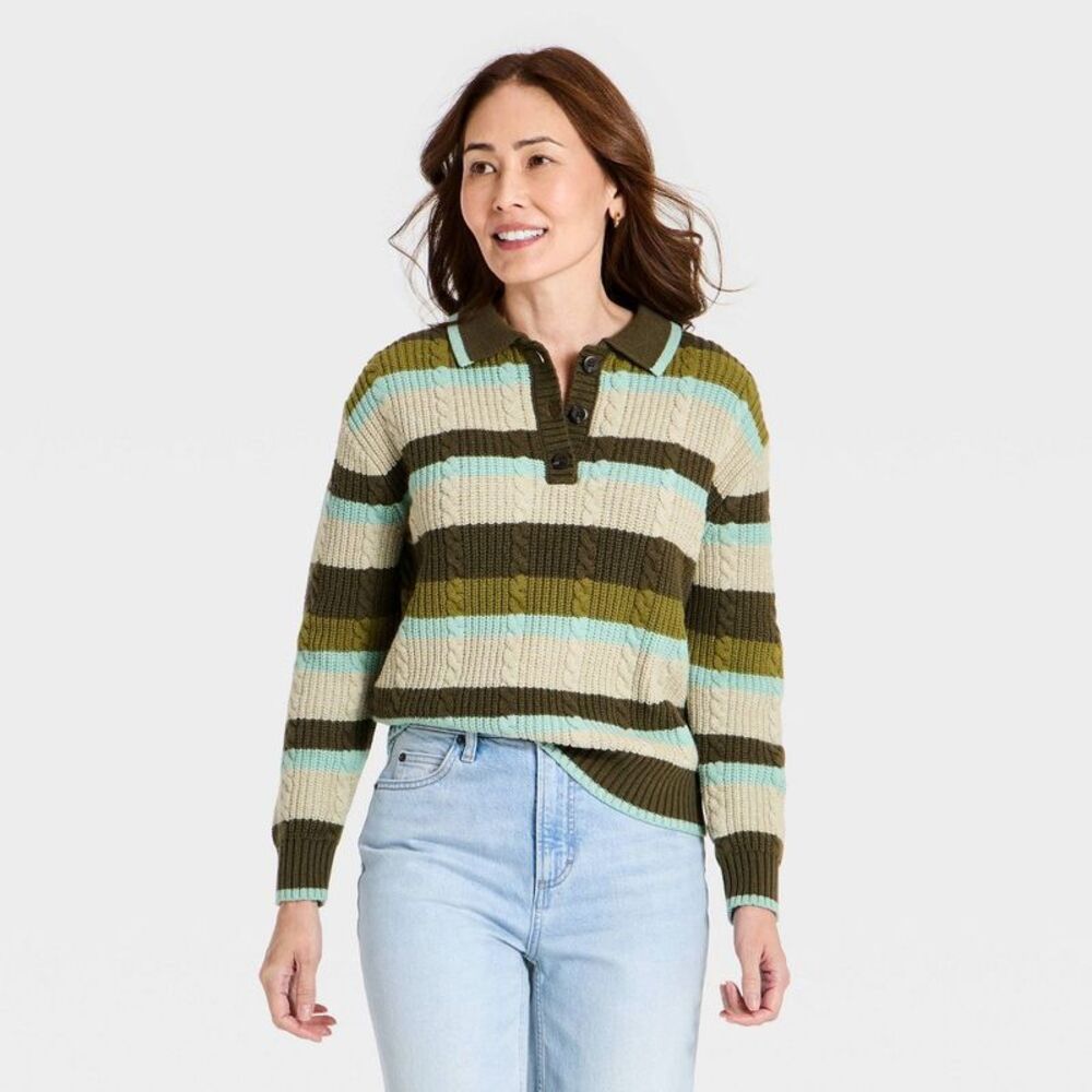 Women's Cable Collared Pullover Sweater - Universal Thread Green Striped L